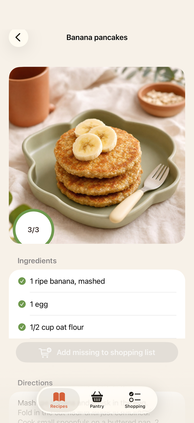 A recipe page showing a photo of banana pancakes, the ingredient list with green ticks, and a button to add missing items to the shopping list.