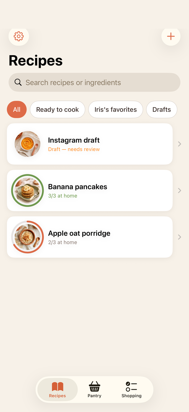 The recipe list in the app: each recipe shows a photo and how many ingredients are already at home, like 3 out of 3.