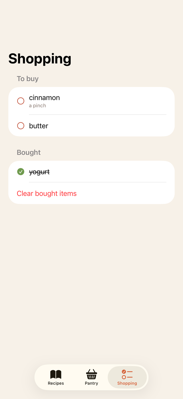The shopping list with items to buy and a bought section.